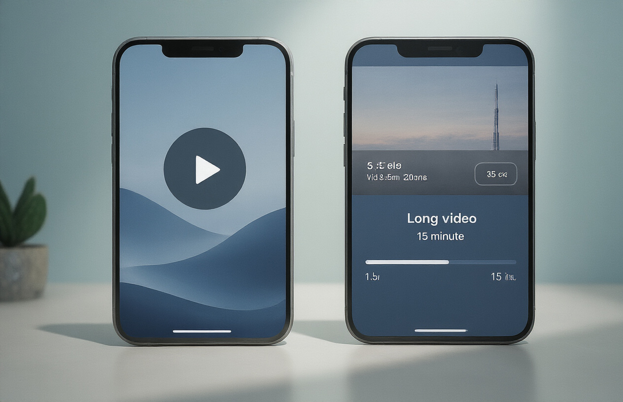 Create a realistic image of a split-screen composition showing two smartphone screens side by side, the left screen displaying a vertical short video format with a play button and duration indicator showing 30 seconds, the right screen showing a horizontal long-form video player with a progress bar indicating 15 minutes duration, both screens have clean modern interfaces, the background is a soft gradient from light blue to white, professional lighting creates subtle shadows beneath the phones, the scene has a clean technical mood suggesting digital content comparison, absolutely NO text should be in the scene.