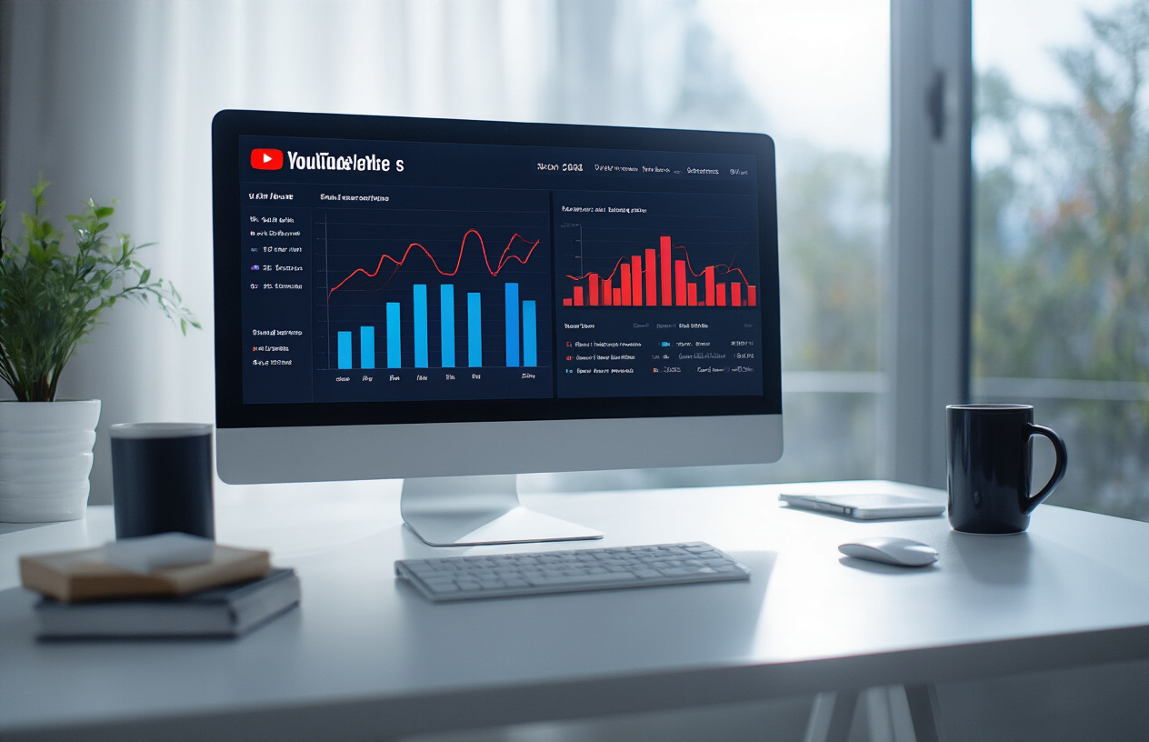 Create a realistic image of a modern computer screen displaying YouTube analytics dashboard with colorful bar charts and line graphs comparing view counts, showing contrasting performance data between short and long video formats, with clean white background, professional lighting, and sleek interface design elements in blues and reds representing different video types, absolutely NO text should be in the scene.