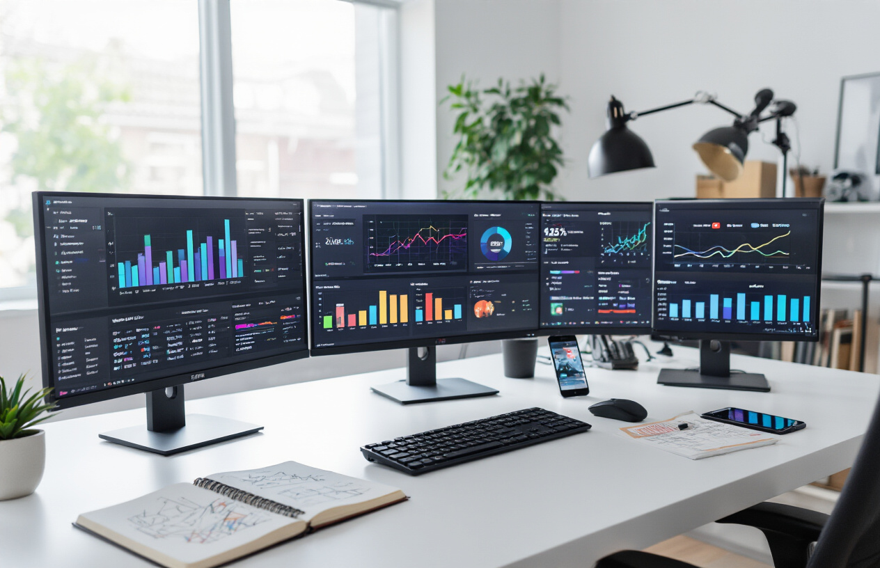 Create a realistic image of a modern workspace with multiple computer monitors displaying analytics dashboards and graphs showing video performance metrics, with colorful bar charts and line graphs representing different factors like engagement rates, watch time, and audience retention, surrounded by strategic planning elements like notebooks with sketched ideas, a smartphone showing YouTube interface, and professional lighting equipment in the background, all arranged on a clean white desk in a bright, focused atmosphere that conveys data analysis and content strategy planning. Absolutely NO text should be in the scene.