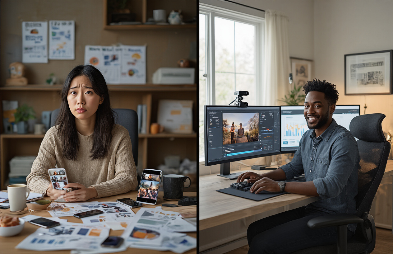 Create a realistic image of a split-screen composition showing two contrasting scenarios: on the left side, a stressed Asian female content creator sitting at a cluttered desk with multiple smartphones displaying short vertical videos, surrounded by charts showing declining monetization rates and burnout symbols like empty coffee cups and crumpled papers; on the right side, a confident Black male creator in a professional home studio setup with camera equipment and a large monitor displaying a longer horizontal video with visible engagement metrics and revenue charts showing steady growth, warm studio lighting on the right contrasting with harsh fluorescent lighting on the left, absolutely NO text should be in the scene.
