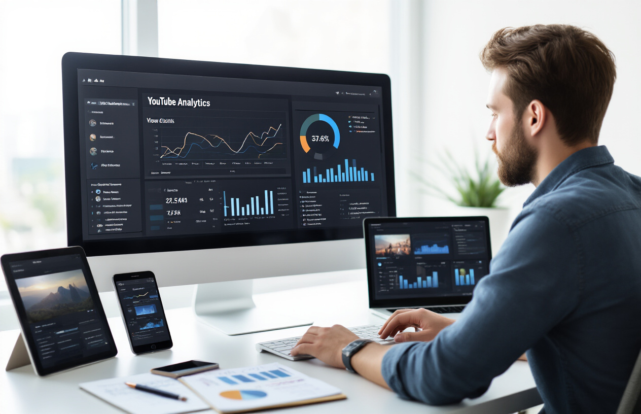 Create a realistic image of a modern digital marketing workspace featuring a large computer monitor displaying YouTube analytics dashboard with graphs and charts showing view counts and engagement metrics, a white male content creator in his 30s sitting at a sleek desk analyzing the data, multiple mobile devices and tablets scattered on the desk showing different video thumbnails, strategic planning documents and notebooks with handwritten notes, a clean modern office background with soft natural lighting from a window, professional atmosphere conveying data-driven decision making and content strategy optimization, absolutely NO text should be in the scene.