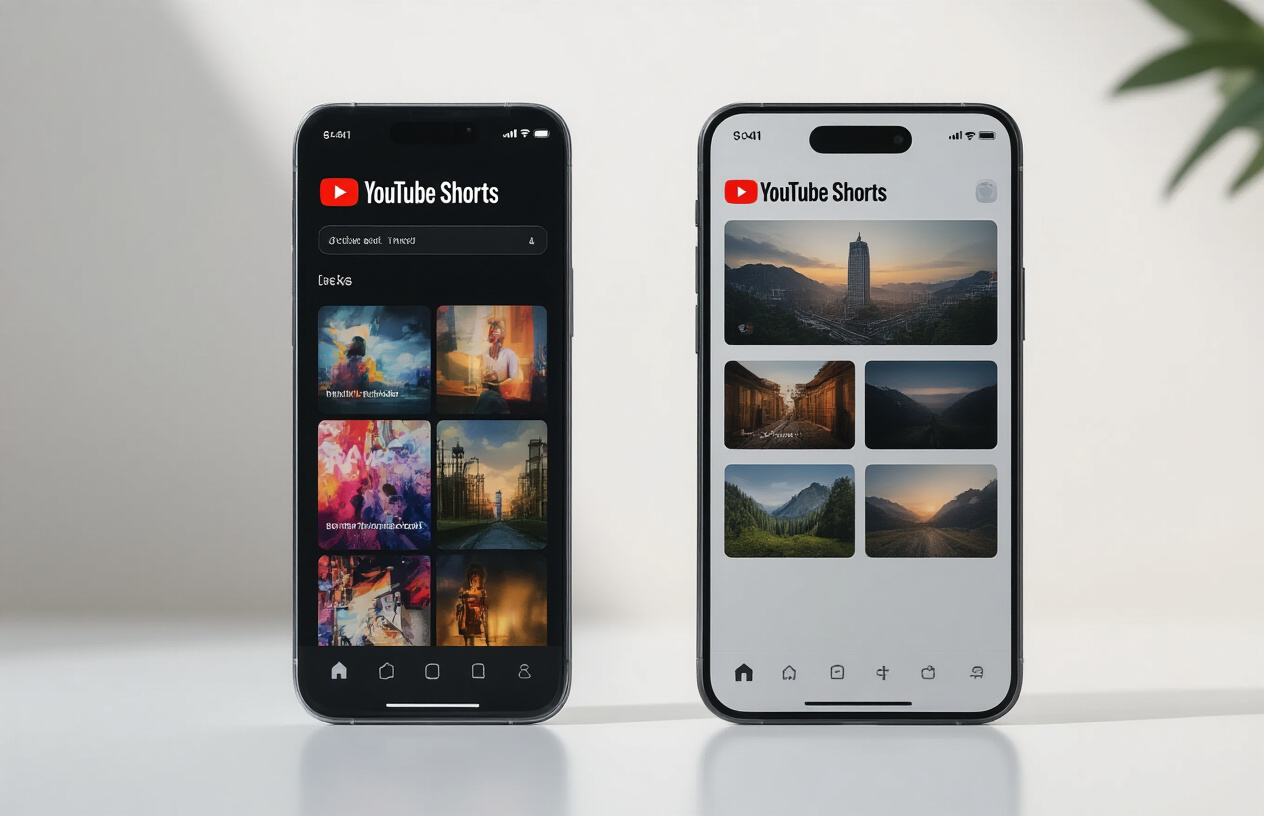 Create a realistic image of a split-screen comparison showing two smartphones side by side on a clean white desk, the left phone displaying YouTube Shorts vertical video interface with colorful thumbnails, the right phone showing traditional horizontal YouTube long-form videos with detailed thumbnails, soft natural lighting from above, modern minimalist workspace background with subtle shadows, both screens clearly visible and bright, representing the comparison between short and long-form content formats, absolutely NO text should be in the scene.