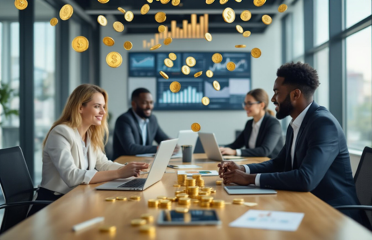 Create a realistic image of a diverse group of business professionals including a white female and black male sitting at a modern conference table with laptops and tablets, surrounded by upward trending charts and graphs on wall displays, with golden coins and dollar bills flowing upward in a gentle stream above the table, set in a bright contemporary office with large windows showing daylight, conveying success and prosperity through warm lighting and confident expressions, absolutely NO text should be in the scene.