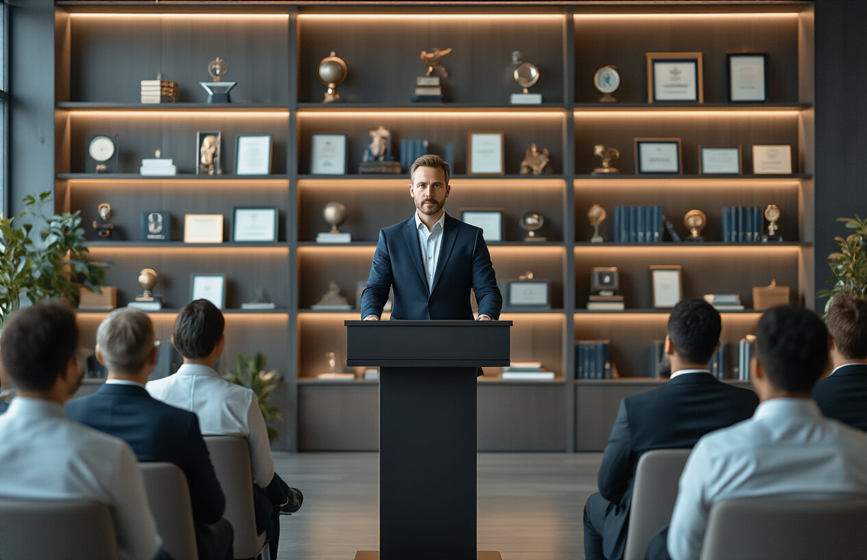 Create a realistic image of a professional white male business expert in a dark navy suit standing confidently at a modern podium in a sleek conference room, with a diverse audience of business professionals seated and attentively listening, multiple industry awards and certificates displayed on elegant shelves in the background, sophisticated lighting casting a warm authoritative glow, the scene conveying expertise and trust in a corporate setting, absolutely NO text should be in the scene.