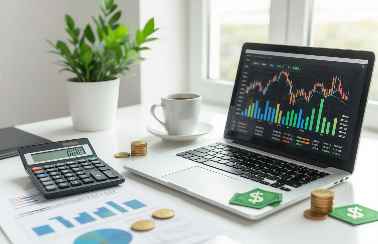 Create a realistic image of a modern office workspace with a laptop displaying colorful upward trending graphs and analytics charts on the screen, a calculator and financial documents showing positive ROI percentages scattered on a clean white desk, green dollar signs and coins subtly placed around the workspace, bright natural lighting from a nearby window creating an optimistic atmosphere, with a potted plant and coffee cup adding professional ambiance to the cost-effective marketing success scene, absolutely NO text should be in the scene.