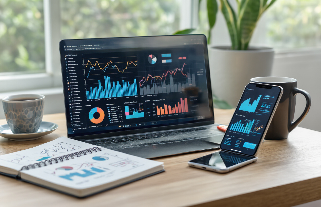 Create a realistic image of a modern office desk with a sleek laptop computer displaying colorful analytics graphs and upward trending charts on the screen, surrounded by digital marketing elements like a smartphone showing website traffic data, a notebook with sketched SEO strategy diagrams, and a coffee cup, set against a clean minimalist background with soft natural lighting from a nearby window, conveying success and growth in the digital marketing space, absolutely NO text should be in the scene.