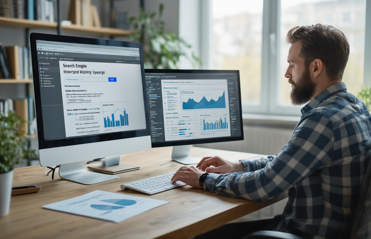 Create a realistic image of a modern office workspace showing a computer screen displaying a search engine results page with highlighted keywords scattered throughout the text, surrounded by SEO analysis tools like keyword density meters and analytics charts on the desk, with a focused white male digital marketer in his 30s analyzing the data, soft natural lighting from a window creating a professional atmosphere, clean minimalist background with bookshelves containing digital marketing books, absolutely NO text should be in the scene.