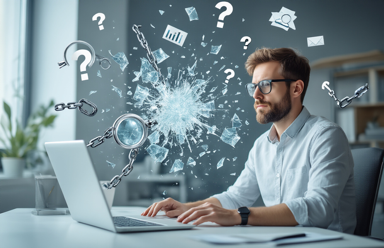 Create a realistic image of a white male digital marketer in his 30s sitting at a modern desk with a laptop, surrounded by floating myth-busting visual elements including broken chains, shattered glass fragments, and dissolving question marks, with SEO-related icons like magnifying glasses and search symbols subtly placed around him, in a clean modern office environment with soft natural lighting from a window, conveying a sense of clarity and truth revelation, absolutely NO text should be in the scene.