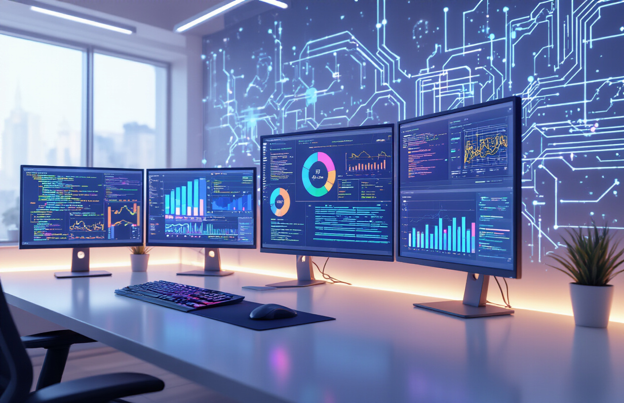Create a realistic image of a modern computer workspace showing multiple monitors displaying colorful algorithm flowcharts and data analytics dashboards, with circuit board patterns and digital neural network visualizations in the background, featuring a sleek contemporary office setting with soft blue LED lighting, professional atmosphere conveying technological advancement and search engine optimization concepts, absolutely NO text should be in the scene.