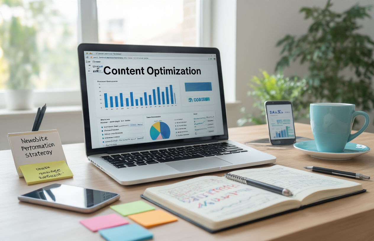 Create a realistic image of a modern workspace showing content optimization in action, featuring a clean desk with an open laptop displaying analytics graphs and SEO metrics on the screen, surrounded by strategically placed elements including a notebook with written optimization strategies, a smartphone showing website performance data, colorful sticky notes with keyword research, and a coffee cup, set against a bright, professional office background with natural lighting streaming through a window, conveying a productive and focused atmosphere of digital marketing success, absolutely NO text should be in the scene.