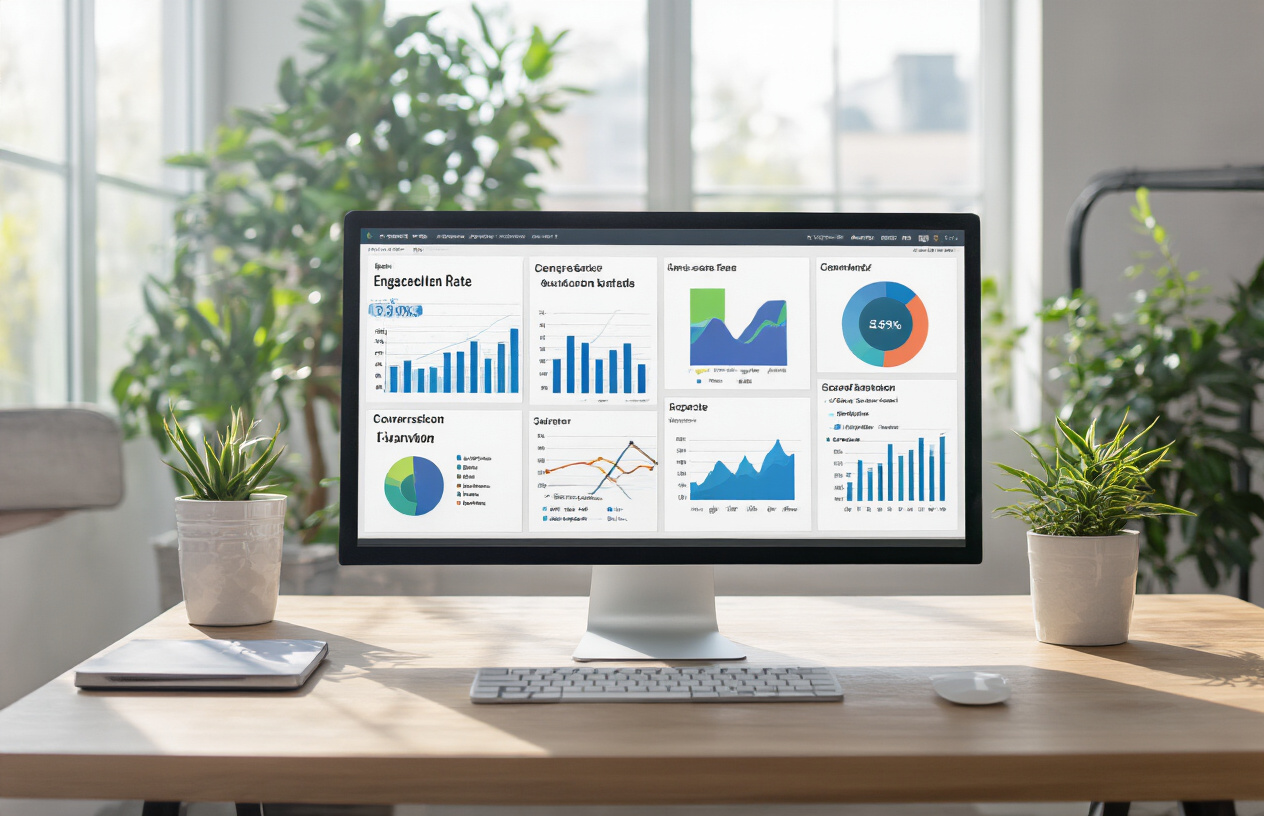 Create a realistic image of a modern digital analytics dashboard displayed on a computer screen showing various colorful charts, graphs, and metrics including engagement rates, conversion funnels, and user behavior data, with a clean office workspace setting, soft natural lighting from a window, and a professional atmosphere that emphasizes comprehensive content performance measurement, absolutely NO text should be in the scene.