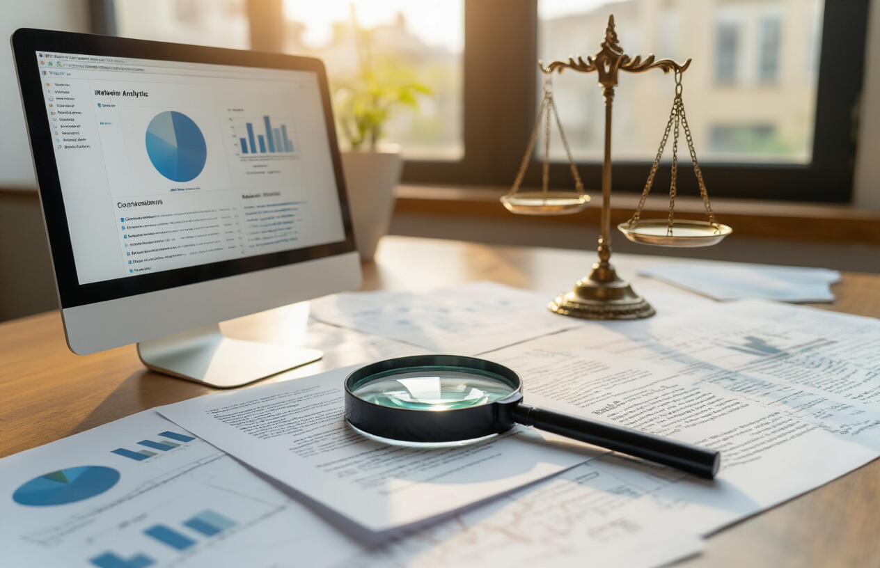 Create a realistic image of a modern workspace featuring a computer screen displaying website analytics and SEO data charts, with a magnifying glass positioned over printed documents containing content analysis, surrounded by scattered papers with highlighted text passages, a digital scale symbolizing balance between myth and reality, warm natural lighting from a window creating soft shadows across the desk, professional atmosphere conveying clarity and understanding, absolutely NO text should be in the scene.