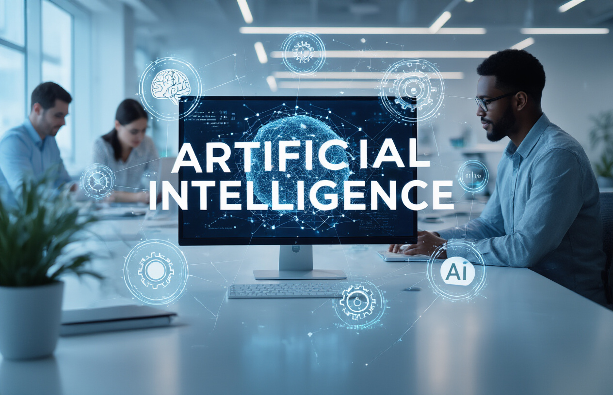 Create a realistic image of a modern digital workspace featuring a sleek computer monitor displaying interconnected neural network nodes and data visualizations, surrounded by floating holographic AI icons including brain circuits, gears, and binary code elements, with a diverse group of professionals including a white female data scientist and a black male engineer collaborating in the background, set in a contemporary tech office with soft blue and white lighting, conveying innovation and technological advancement, with the text "ARTIFICIAL INTELLIGENCE" prominently displayed in modern sans-serif font overlaying the scene.