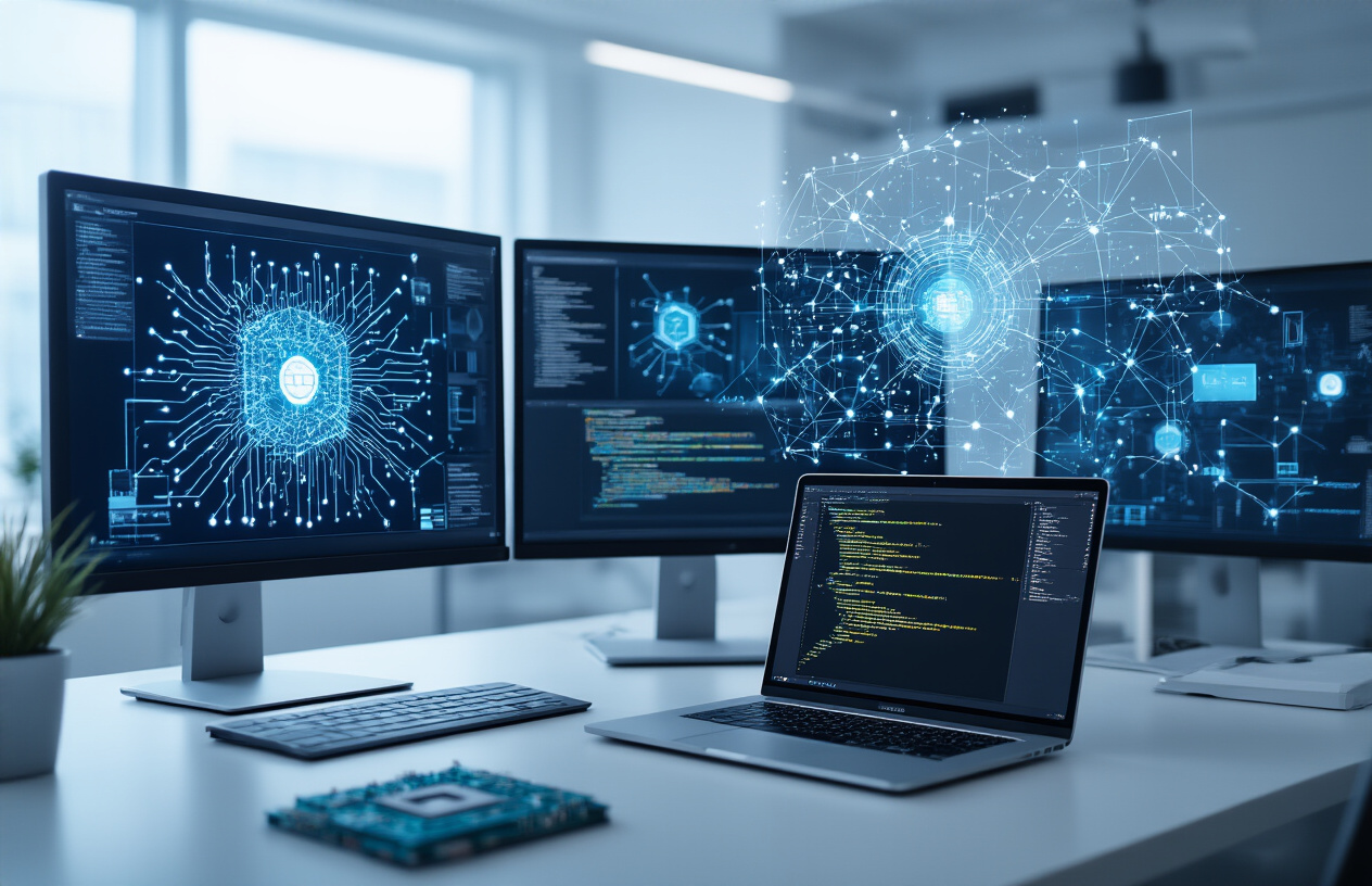 Create a realistic image of a modern technology workspace featuring multiple computer monitors displaying neural network diagrams, circuit board patterns, and algorithmic flowcharts, with a sleek laptop open showing code on the screen, surrounded by futuristic holographic projections of interconnected nodes and data streams floating in the air, set against a clean minimalist office environment with soft blue ambient lighting and subtle tech elements like processors and microchips scattered on the desk, conveying an innovative and cutting-edge atmosphere, absolutely NO text should be in the scene.