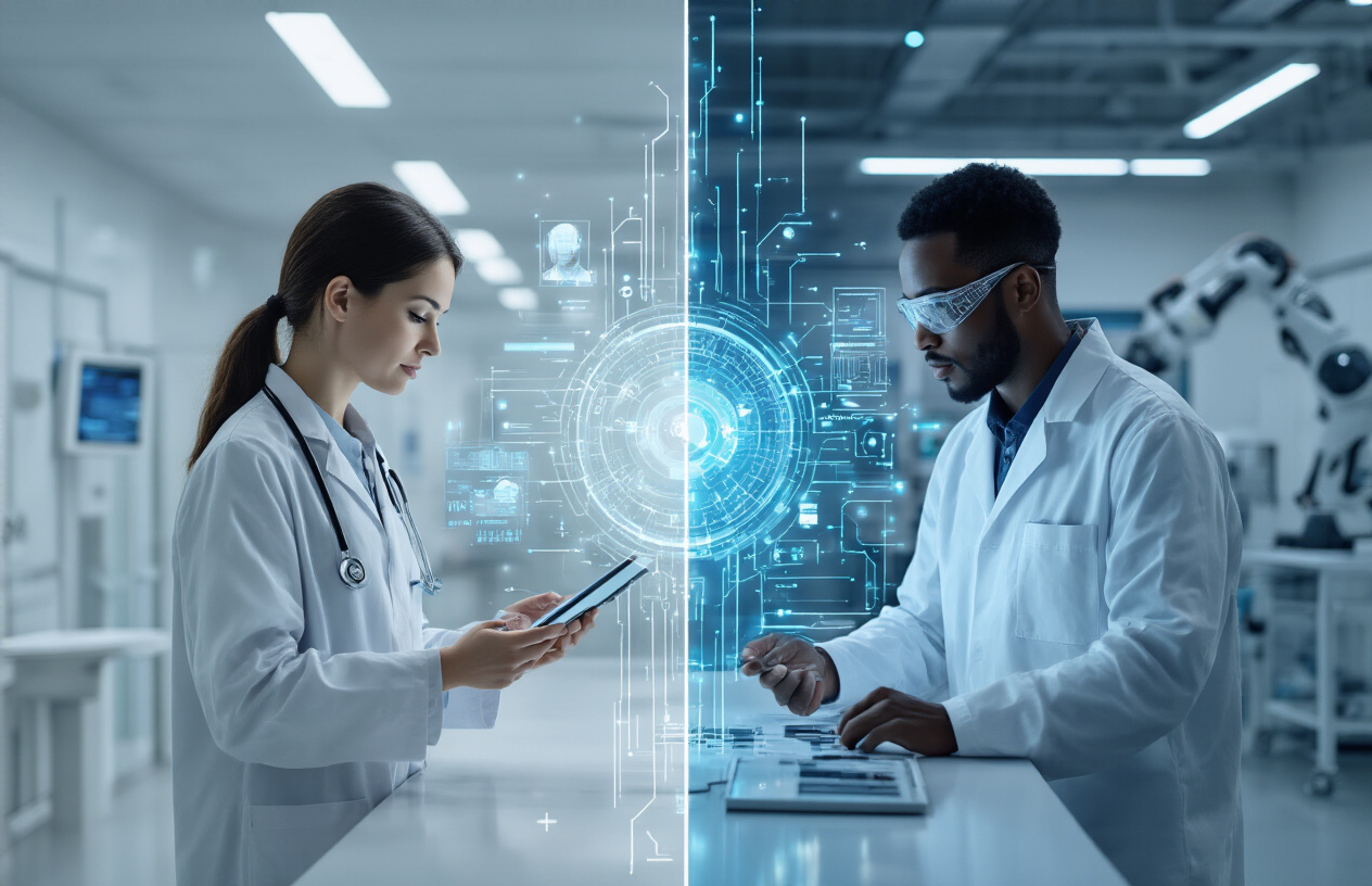 Create a realistic image of a modern split-screen composition showing AI transforming multiple industries: on the left side, a white female doctor in a medical coat using a tablet with holographic medical data visualization in a clean hospital room, and on the right side, a black male engineer in a smart factory monitoring robotic arms assembling products with digital interfaces and blue glowing screens, connected by flowing data streams and circuit patterns in the center, bright professional lighting with a sleek technological atmosphere, Absolutely NO text should be in the scene.