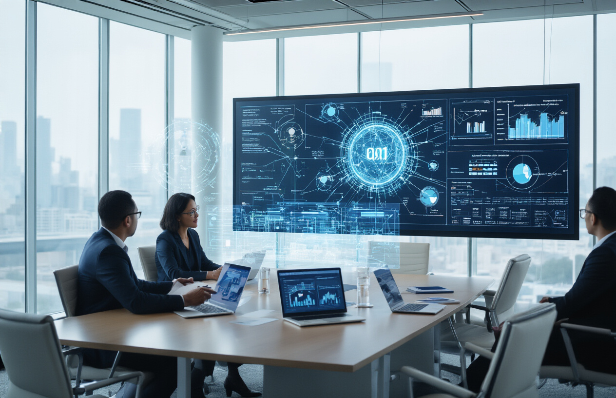 Create a realistic image of a modern corporate boardroom with a large digital display wall showing futuristic AI technology diagrams, network connections, and strategic planning charts, featuring a diverse group of business executives including white male, black female, and Asian male professionals in business attire gathered around a sleek conference table with laptops and tablets, holographic projections floating above the table displaying AI neural networks and data visualization, contemporary office environment with floor-to-ceiling windows showing a city skyline, professional lighting with a forward-thinking and innovative atmosphere, absolutely NO text should be in the scene.