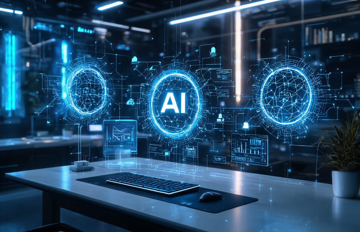 Create a realistic image of a futuristic digital workspace with holographic AI interfaces floating in the air, glowing blue neural network patterns connecting various technological elements, a sleek modern desk with advanced computer systems displaying data visualizations, soft ambient lighting with blue and white tones creating an innovative atmosphere, circuit board patterns subtly integrated into the background, and a sense of technological advancement and possibility for the future, absolutely NO text should be in the scene.