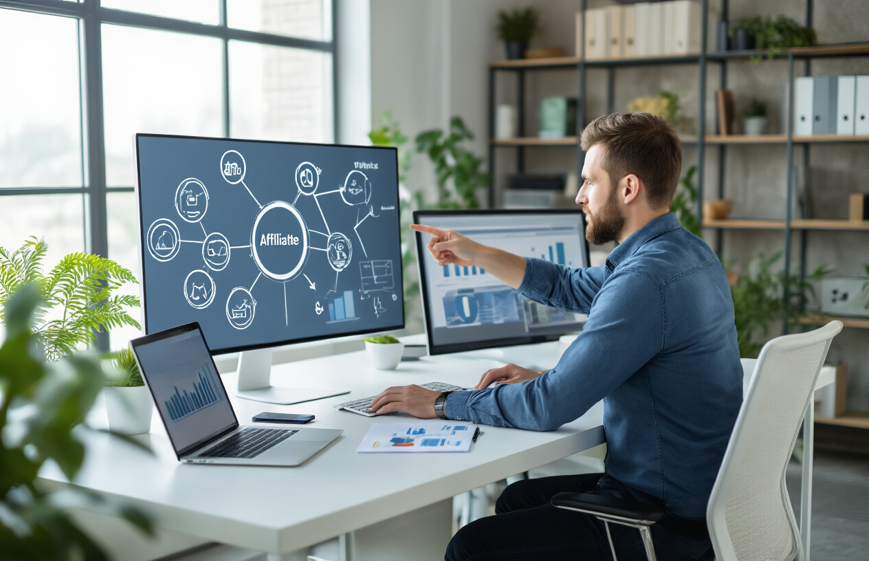 Create a realistic image of a modern office workspace with a white male professional in his 30s sitting at a clean desk, pointing to a large wall-mounted whiteboard showing interconnected circles and arrows representing affiliate marketing networks, with laptop computers, smartphones, and marketing charts on the desk, bright natural lighting from a window, contemporary office environment with plants and bookshelves in the background, focused and educational atmosphere, absolutely NO text should be in the scene.