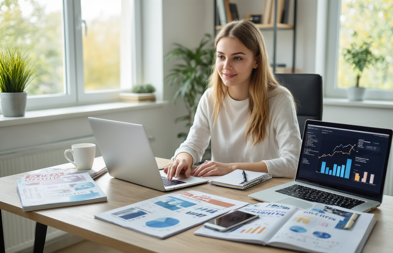 Create a realistic image of a young white female sitting at a modern desk with a laptop computer open, surrounded by affiliate marketing materials including product catalogs, a smartphone displaying charts, notebooks with handwritten notes, and a coffee cup, in a bright home office setting with natural lighting from a window, conveying a sense of learning and beginning a new business venture, absolutely NO text should be in the scene.