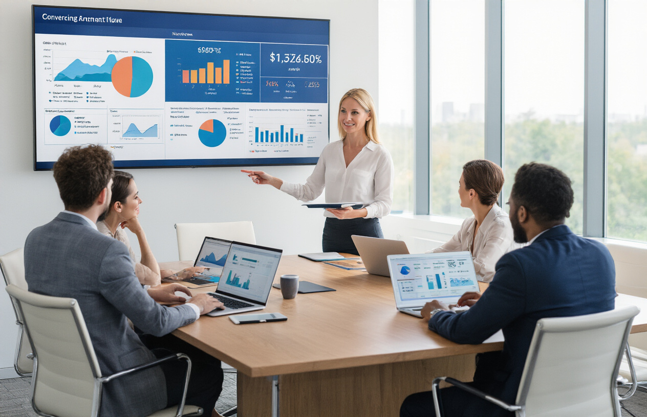 Create a realistic image of a diverse group of professionals sitting around a modern conference table with laptops and tablets open, showing colorful charts and graphs on their screens representing affiliate program performance data, while a white female presenter points to a large wall-mounted display showing conversion rates and commission structures, with a bright modern office environment featuring floor-to-ceiling windows and natural lighting, conveying a productive business meeting atmosphere focused on analyzing affiliate marketing opportunities, absolutely NO text should be in the scene.