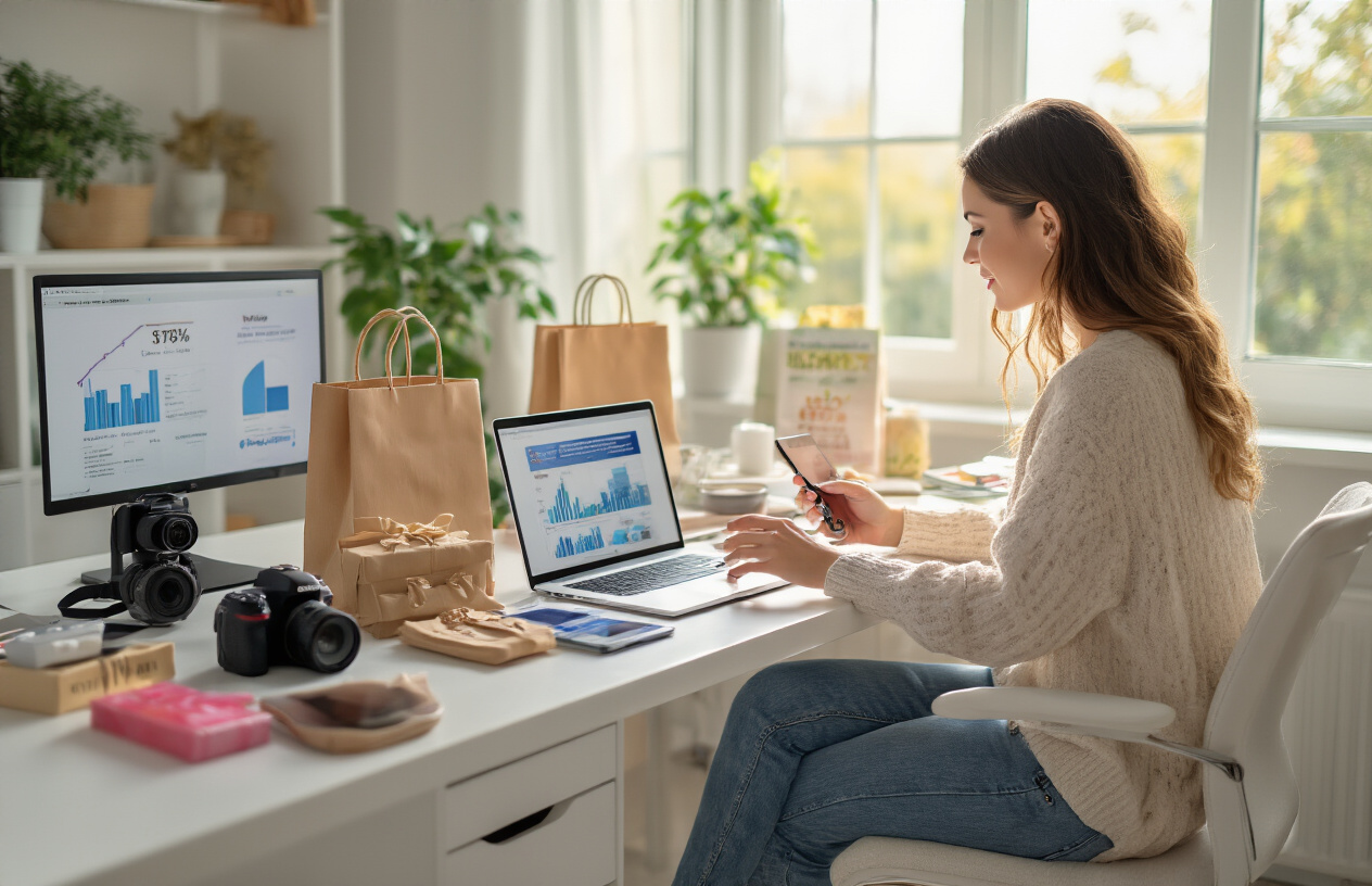 Create a realistic image of a white female content creator sitting at a modern desk with a laptop, smartphone, and camera equipment, surrounded by product samples and affiliate marketing materials like shopping bags and promotional items, in a bright home office setting with natural lighting from a window, showing her actively creating content with a focused and professional demeanor, with charts or graphs visible on her laptop screen suggesting sales analytics, absolutely NO text should be in the scene.