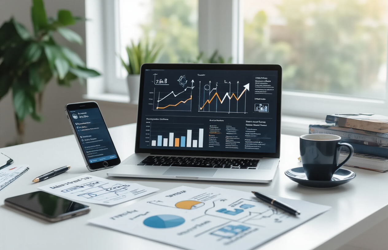 Create a realistic image of a professional workspace showing multiple traffic generation methods for digital marketing, featuring a clean modern desk with a laptop displaying analytics charts with upward trending arrows, a smartphone showing social media notifications, scattered business cards, a notepad with hand-drawn flowcharts and arrows, a coffee cup, and marketing strategy books, all arranged on a white desk against a bright office background with natural lighting from a window, conveying a productive and strategic atmosphere, absolutely NO text should be in the scene.