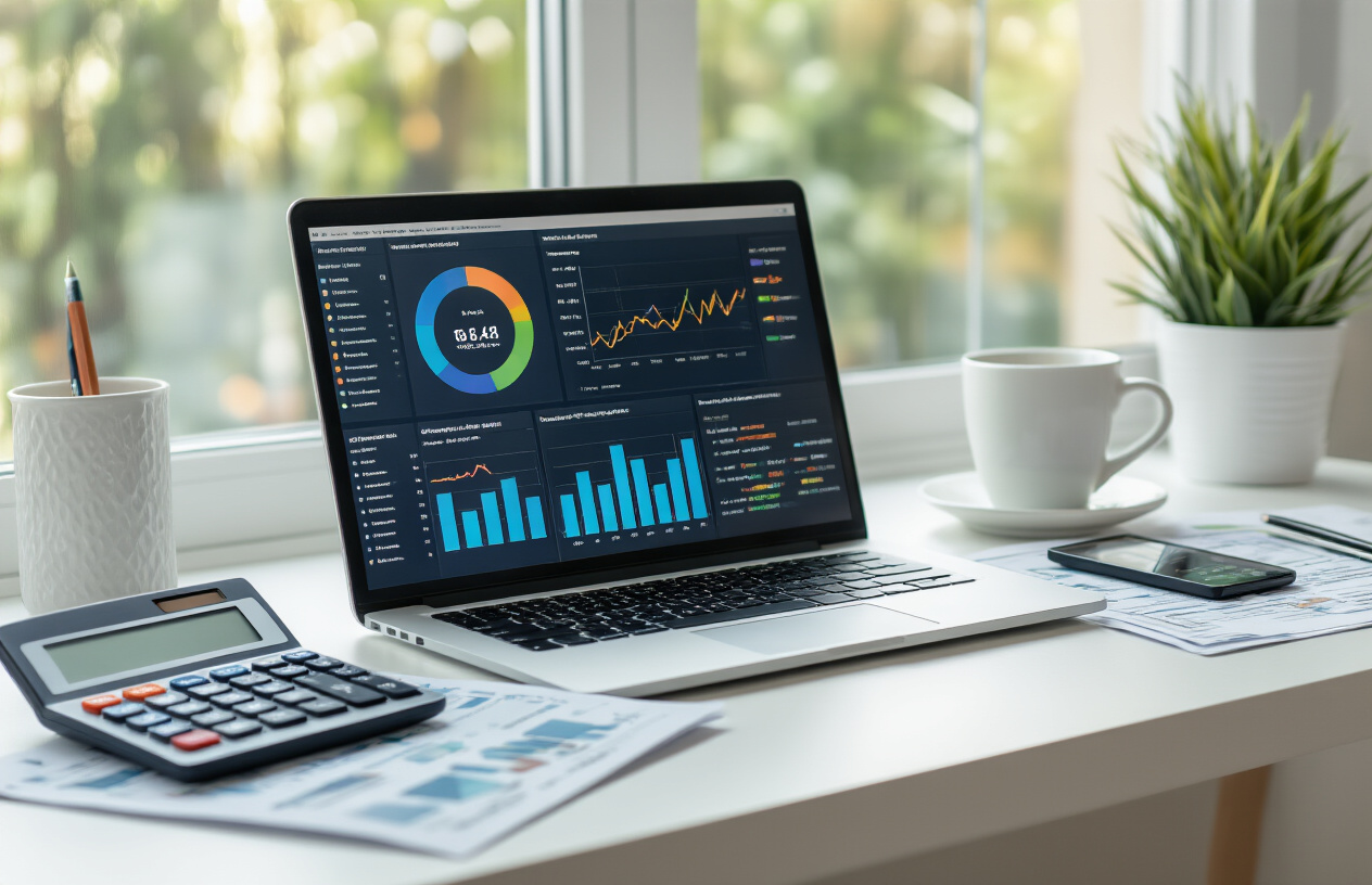 Create a realistic image of a modern workspace showing affiliate marketing performance tracking with a laptop displaying colorful analytics dashboards and charts, scattered financial documents showing earnings reports, a calculator, smartphone with notification icons, coffee cup, and organized desk accessories on a clean white desk, bright natural lighting from a window, professional and focused atmosphere, absolutely NO text should be in the scene.
