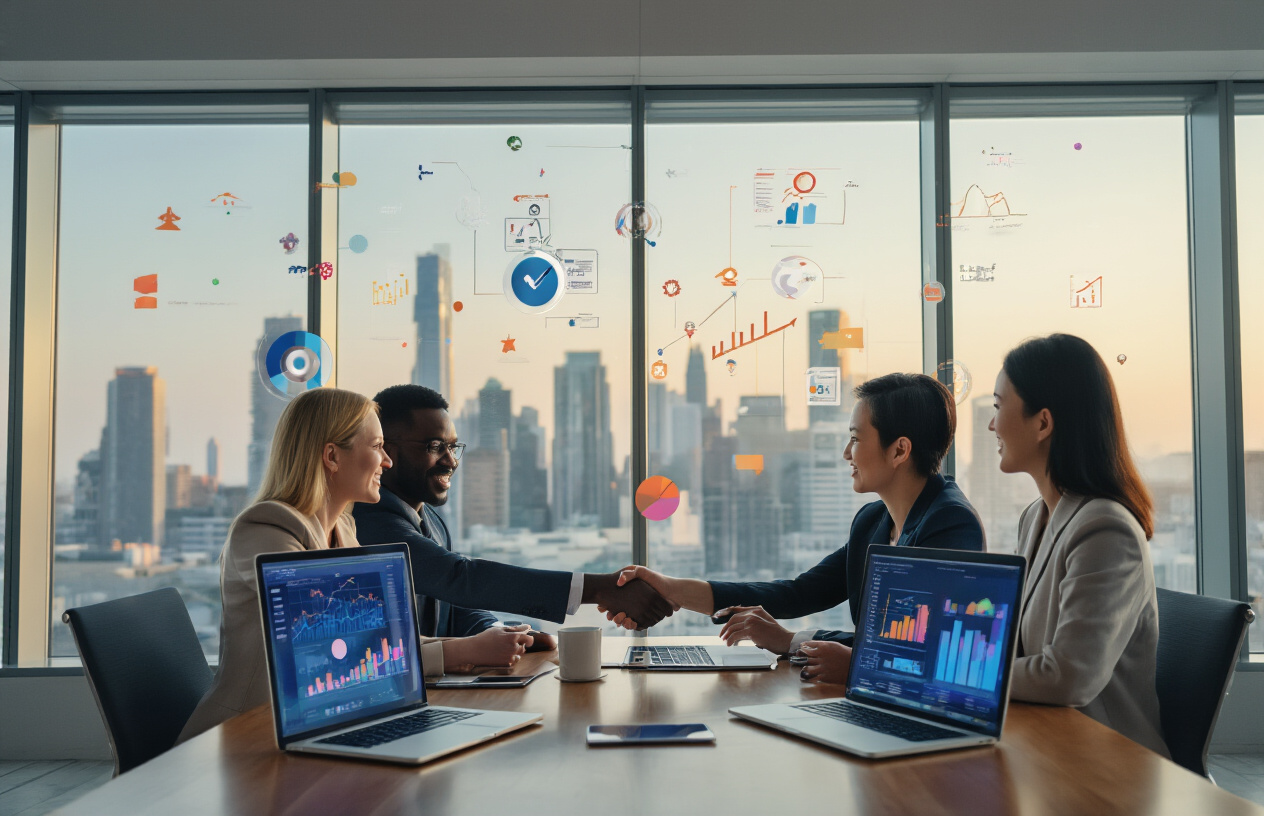 Create a realistic image of a diverse group of business professionals including a white female, black male, and Asian female sitting around a modern conference table with laptops and tablets displaying colorful graphs and charts, handshaking in celebration of successful partnership deals, in a bright modern office with large windows showing city skyline, warm professional lighting creating an atmosphere of achievement and collaboration, with digital marketing icons and affiliate network symbols floating subtly in the background, absolutely NO text should be in the scene.