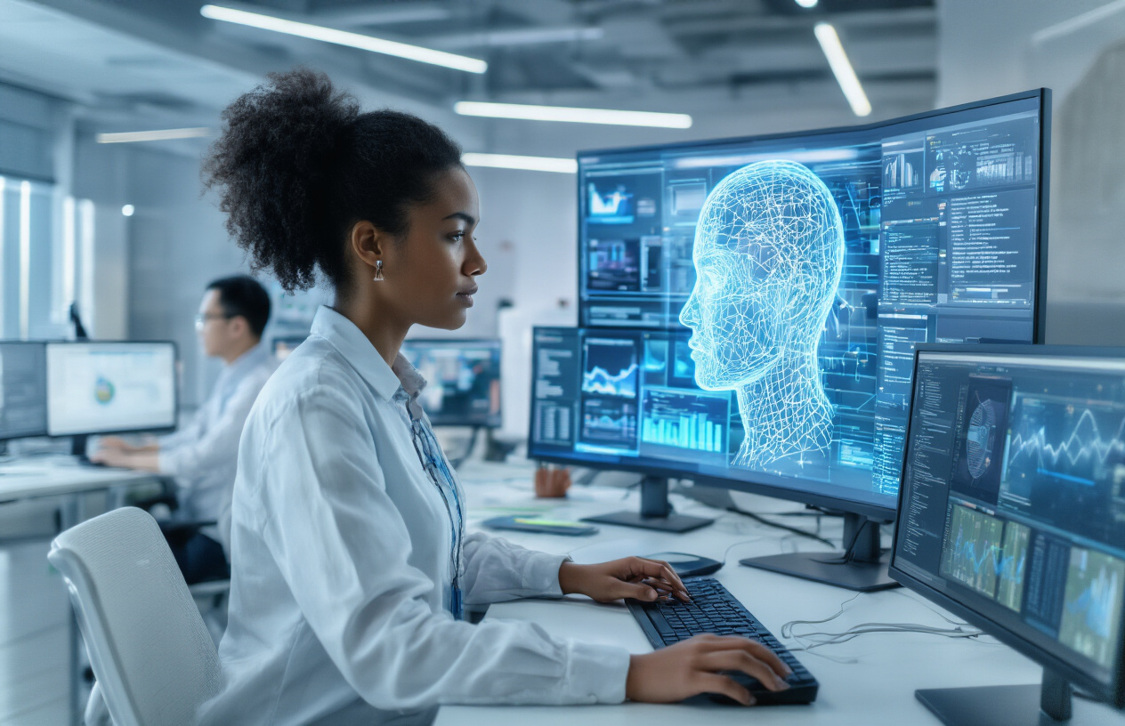 Create a realistic image of a diverse group of technology professionals working with artificial intelligence and machine learning, featuring a black female data scientist analyzing complex algorithms on multiple computer monitors, an Asian male software engineer coding neural networks, and a white male AI researcher examining holographic data visualizations in a modern tech office environment with sleek workstations, futuristic displays showing data flows and machine learning models, ambient blue and white lighting creating a high-tech atmosphere, with people actively engaged in programming and data analysis activities. Absolutely NO text should be in the scene.