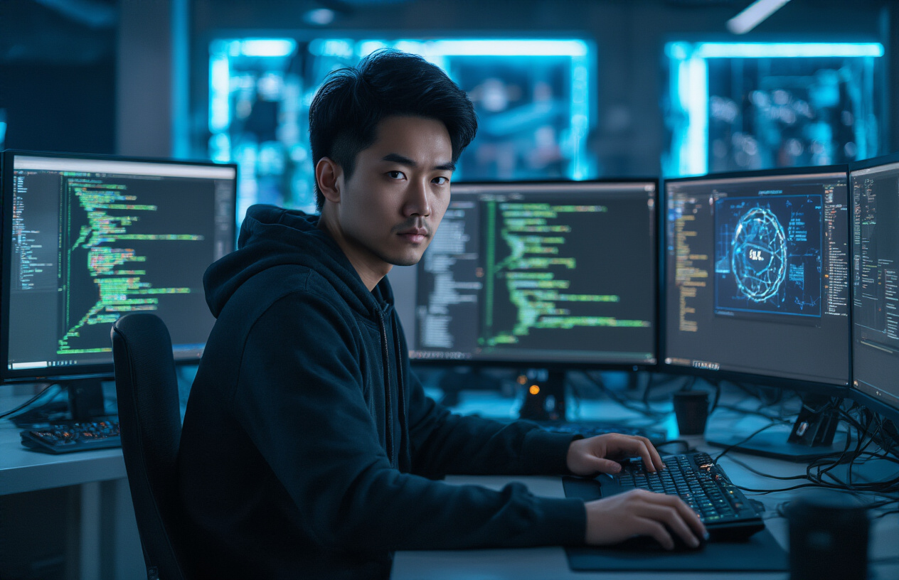 Create a realistic image of a focused Asian male cybersecurity expert sitting at a modern workstation with multiple computer monitors displaying code, network security diagrams, and threat detection interfaces, wearing a dark hoodie, surrounded by a dimly lit high-tech office environment with blue and green LED lighting reflecting off sleek surfaces, keyboards and security equipment visible on the desk, creating a professional yet intense atmosphere that conveys digital security expertise, absolutely NO text should be in the scene.