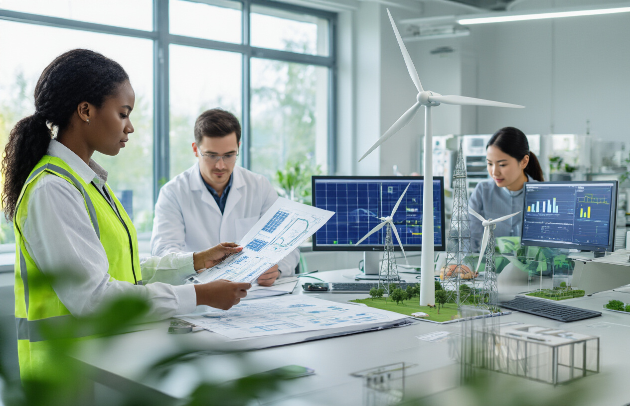 Create a realistic image of a diverse group of engineers working on sustainable energy technology, featuring a black female engineer in the foreground examining solar panel blueprints, a white male engineer adjusting a wind turbine model, and an Asian female engineer working on a computer displaying renewable energy data charts, set in a modern green technology laboratory with solar panels visible through large windows, bright natural lighting, clean futuristic workspace with wind turbine prototypes and green energy equipment, professional and innovative atmosphere, absolutely NO text should be in the scene.