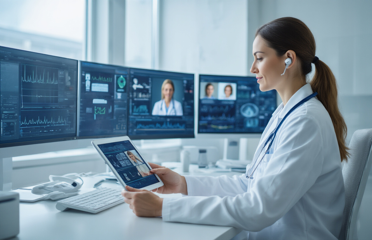 Create a realistic image of a modern healthcare professional, a white female doctor in a white coat, sitting at a sleek desk with multiple computer monitors displaying medical data and patient video calls, while holding a tablet showing telemedicine interface, surrounded by advanced medical technology equipment including digital stethoscope and health monitoring devices, in a contemporary medical office with soft natural lighting from large windows, clean white and blue color scheme, conveying innovation and professionalism in digital healthcare. Absolutely NO text should be in the scene.