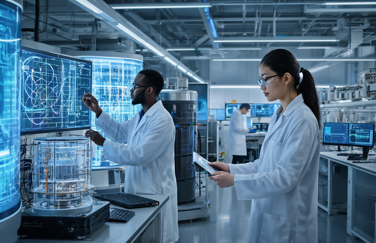 Create a realistic image of a diverse group of quantum computing researchers working in a cutting-edge laboratory, featuring a white female scientist in a lab coat analyzing data on multiple holographic displays showing quantum circuits and algorithms, a black male researcher adjusting settings on a large quantum computer with its distinctive cylindrical dilution refrigerator and complex wiring, and an Asian male technician monitoring quantum state measurements on advanced computer screens, all set in a modern high-tech research facility with sleek metallic surfaces, blue LED lighting, and sophisticated quantum computing equipment including superconducting quantum processors and control electronics, creating a futuristic and professional atmosphere that emphasizes innovation and advanced technology research, absolutely NO text should be in the scene.