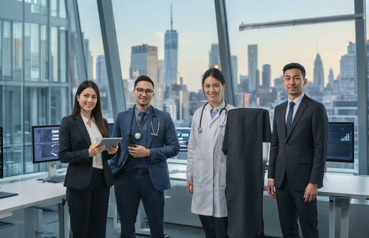 Create a realistic image of a diverse group of professionals in modern business attire standing confidently in a sleek, contemporary office environment with large windows showing a city skyline, including a white female data scientist holding a tablet, a black male healthcare professional with a stethoscope, an Asian female in tech wear, and a Hispanic male in a suit, with soft natural lighting creating an optimistic and forward-looking atmosphere, modern glass surfaces and digital screens visible in the background suggesting innovation and growth, absolutely NO text should be in the scene.