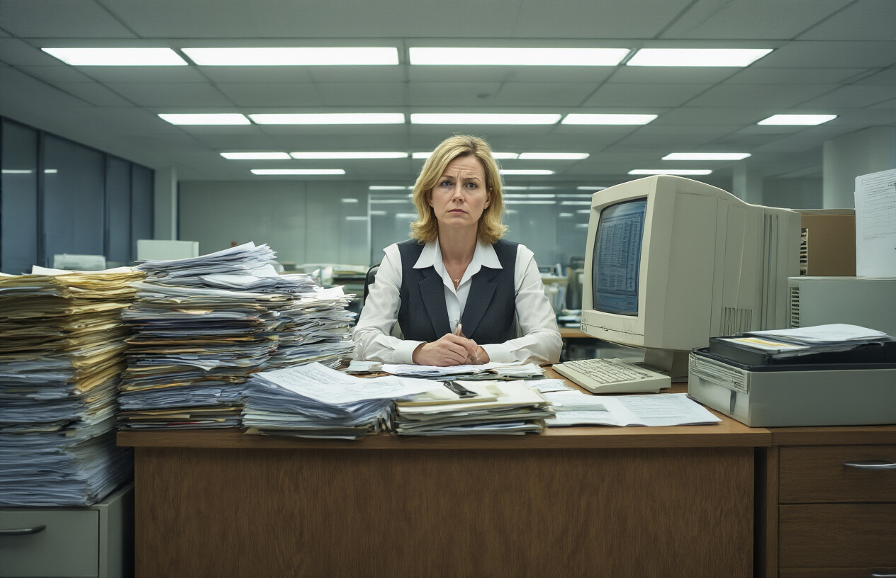 Create a realistic image of a cluttered office desk with stacks of paper documents, filing cabinets, and an outdated computer showing spreadsheet data entry work, with a stressed middle-aged white female office worker in business attire sitting at the desk surrounded by manual paperwork and folders, dim fluorescent office lighting creating a monotonous corporate atmosphere, representing traditional data processing work that's becoming obsolete, absolutely NO text should be in the scene.