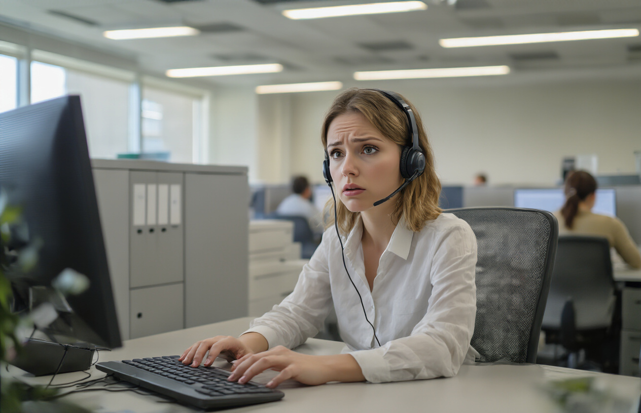 Create a realistic image of a white female customer service representative sitting at a desk wearing a headset, looking concerned or uncertain while staring at a computer screen, with a traditional office cubicle environment in the background featuring fluorescent lighting, filing cabinets, and other office workers in similar cubicles, conveying a sense of workplace transition and technological change, with soft natural lighting from windows creating a slightly melancholic mood that suggests an industry in decline, absolutely NO text should be in the scene.