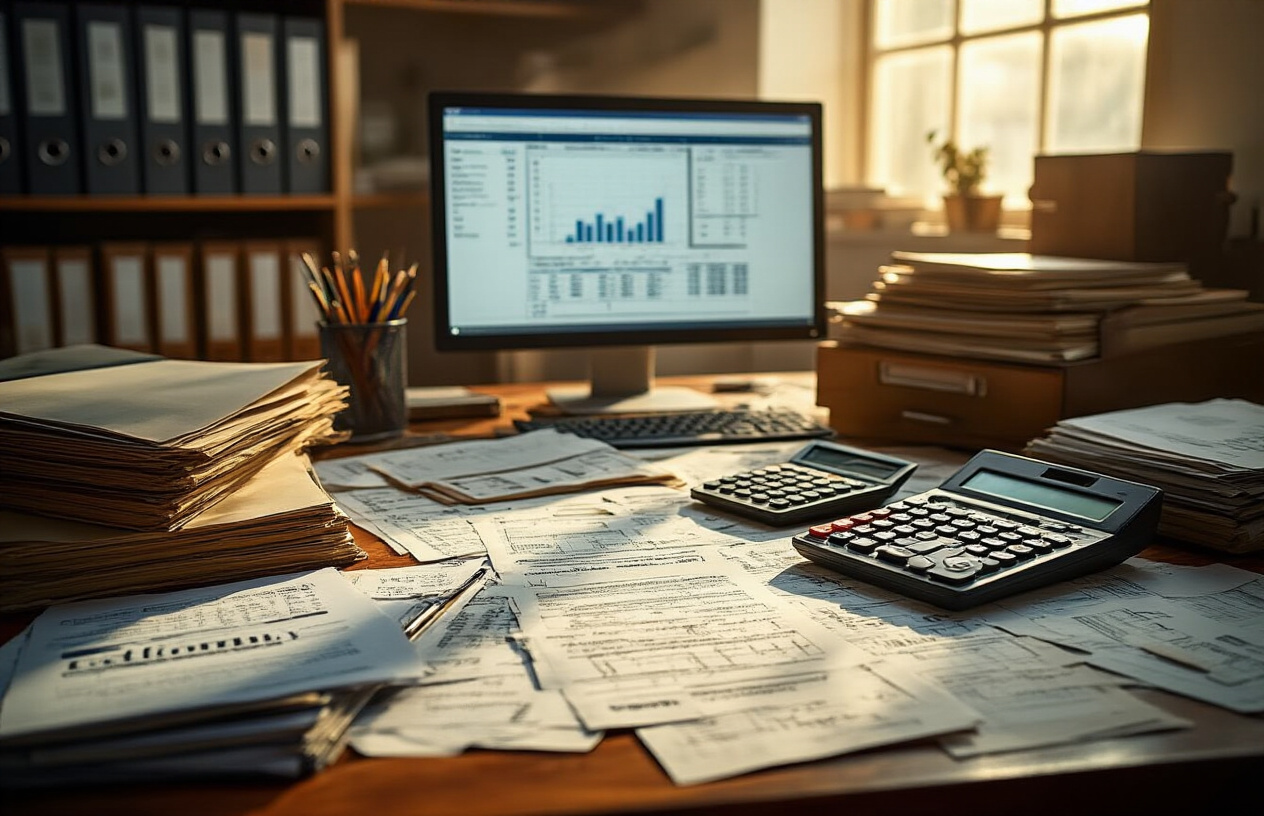 Create a realistic image of a cluttered office desk with traditional bookkeeping tools including paper ledger books, calculators, filing cabinets, invoices, receipts, and accounting documents scattered across the surface, with a computer monitor in the background showing automation software, warm office lighting creating shadows across the paperwork, conveying a sense of manual work being replaced by technology, absolutely NO text should be in the scene.