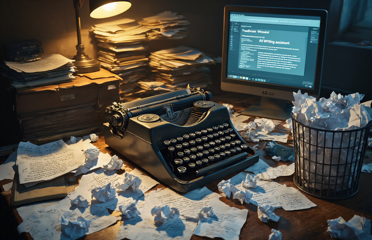 Create a realistic image of a cluttered desk with an old typewriter, crumpled papers scattered around, a trash bin overflowing with discarded drafts, and a computer monitor displaying an AI writing assistant interface in the background, with dim lighting creating shadows that suggest the twilight of traditional writing methods, absolutely NO text should be in the scene.