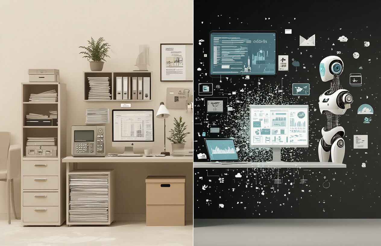 Create a realistic image of a split-screen composition showing the past and future of work, with the left side depicting traditional office elements like filing cabinets, landline phones, and paper documents in muted sepia tones, while the right side shows modern technology including AI robots, holographic displays, and digital interfaces in bright, futuristic lighting, with a subtle transition zone in the middle where obsolete items fade into digital particles, set against a clean minimalist background with soft natural lighting from above, absolutely NO text should be in the scene.