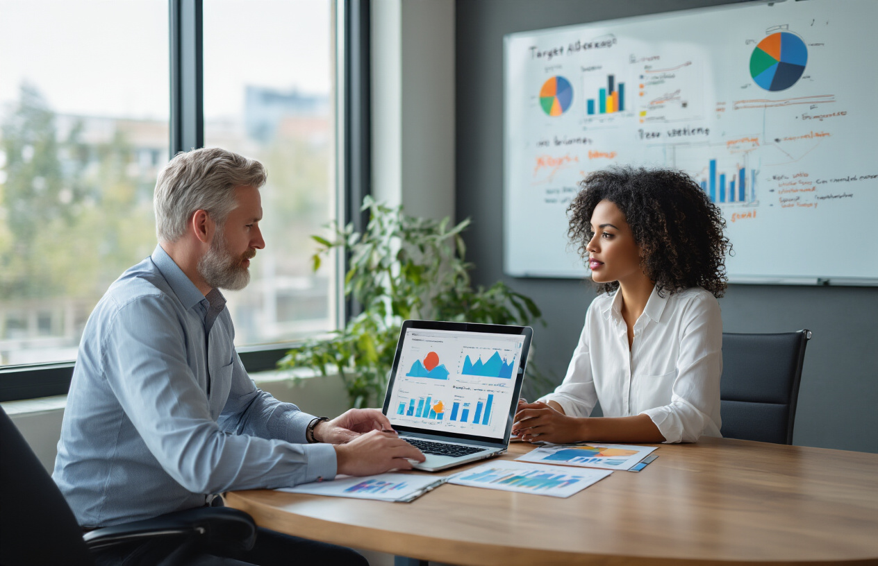 Create a realistic image of a diverse business meeting scene with a white male marketing manager and a black female analyst sitting at a modern conference table, reviewing colorful charts and graphs on a laptop screen showing audience demographics and business analytics, with a whiteboard in the background displaying target audience personas and goal-setting frameworks, professional office environment with natural lighting from large windows, focused collaborative atmosphere, absolutely NO text should be in the scene.