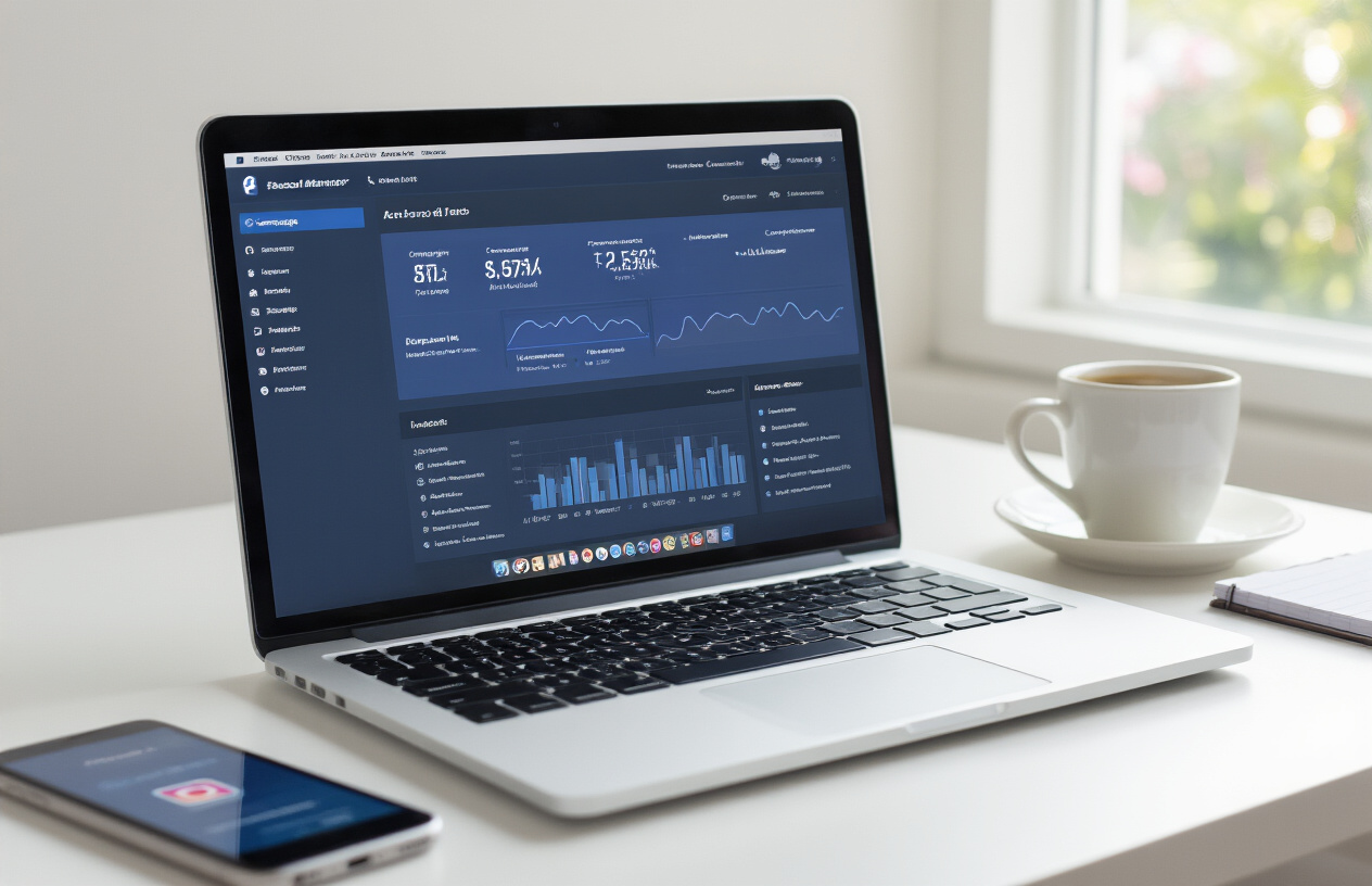 Create a realistic image of a modern laptop computer displaying the Facebook Meta Ads Manager dashboard interface with visible campaign metrics and performance charts, positioned on a clean white desk alongside a smartphone showing Instagram ads, with a coffee cup and notepad nearby, soft natural lighting from a window creating a professional workspace atmosphere, absolutely NO text should be in the scene.