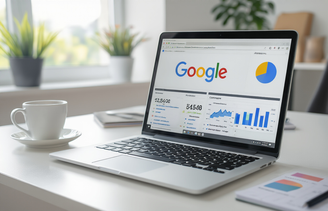 Create a realistic image of a modern laptop computer displaying the Google Ads interface dashboard on the screen, positioned on a clean white desk in a bright office environment, with soft natural lighting coming from a window, showing colorful charts and campaign metrics on the screen, surrounded by subtle office elements like a coffee cup and notepad, with a professional and focused atmosphere. Absolutely NO text should be in the scene.