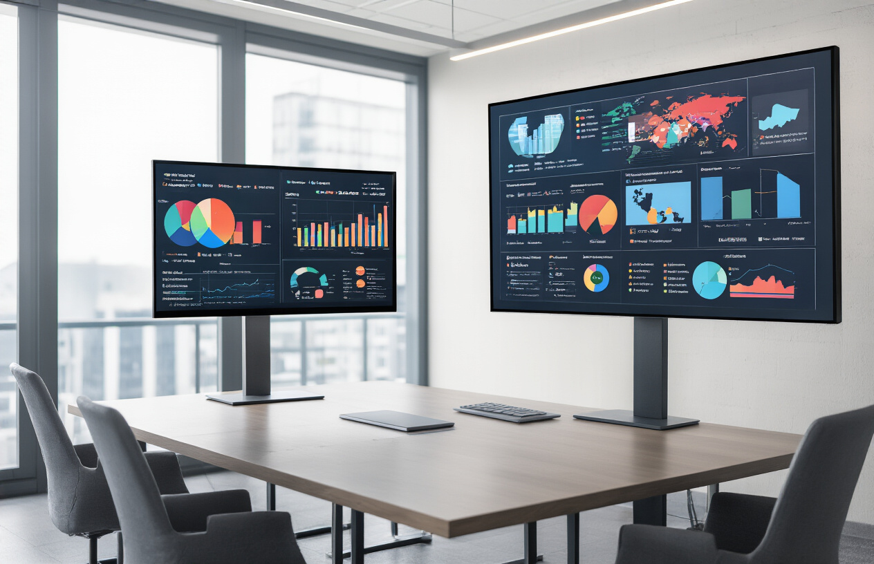 Create a realistic image of a professional business setting with two large digital screens or monitors displaying colorful analytics dashboards and audience targeting data visualization, including demographic charts, geographical maps with highlighted regions, and targeting parameters represented through infographics and pie charts, with a modern conference room background featuring a sleek table and chairs, bright professional lighting, and a clean corporate atmosphere that conveys data analysis and digital marketing strategy comparison, absolutely NO text should be in the scene.