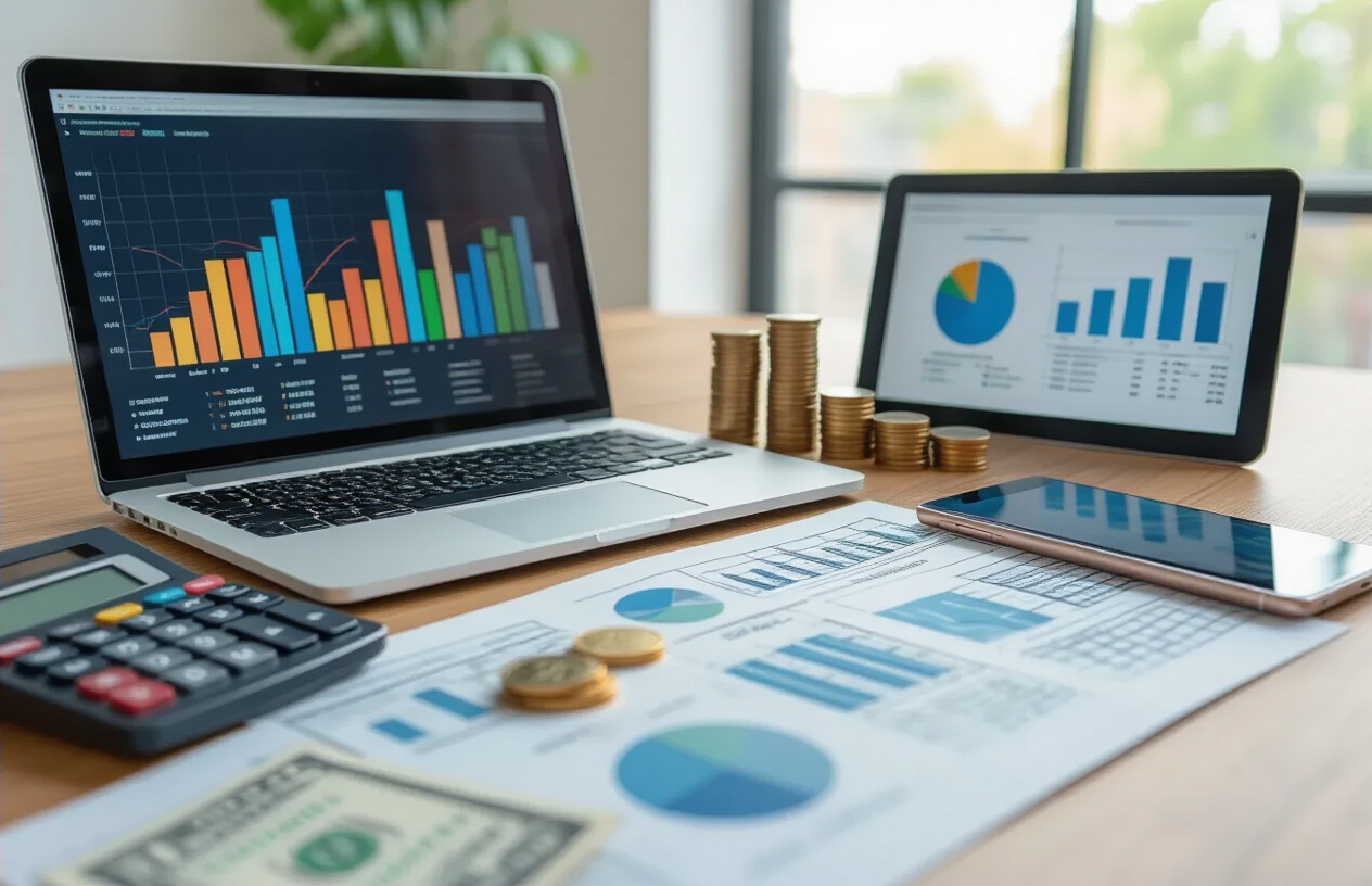 Create a realistic image of a professional workspace scene showing cost analysis and budget optimization with a laptop displaying colorful bar charts and pie graphs, calculator, stack of coins, dollar bills, and financial documents spread across a modern desk, complemented by a smartphone and tablet showing advertising dashboards, set against a clean office background with natural lighting from a window, conveying a focused analytical mood for digital marketing budget planning, absolutely NO text should be in the scene.