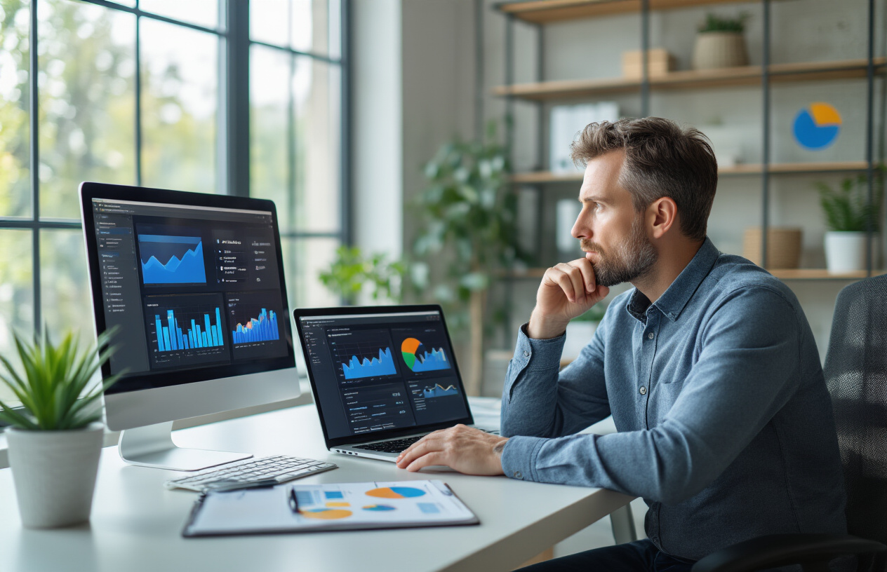 Create a realistic image of a professional business decision-making scene with a white male entrepreneur in his 30s sitting at a modern desk, contemplating between two open laptops displaying Meta and Google advertising dashboards, with digital marketing charts and graphs visible on the screens, a notepad with strategic notes nearby, in a bright contemporary office setting with natural lighting from large windows, creating a focused and analytical atmosphere that represents making an informed choice between advertising platforms, absolutely NO text should be in the scene.