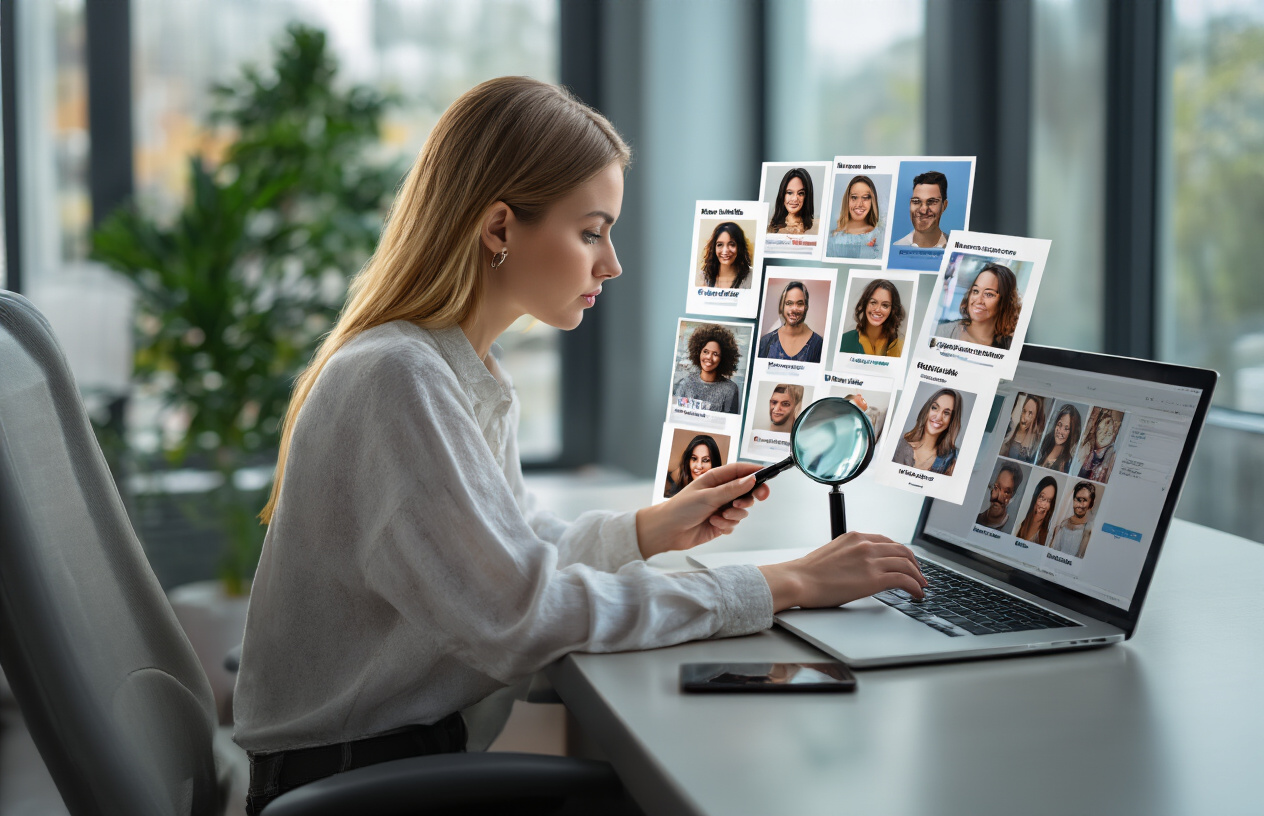 Create a realistic image of a white female marketing manager sitting at a modern desk with a laptop open, examining multiple social media profile cards spread across the desk showing diverse influencer headshots, with a magnifying glass nearby symbolizing careful selection, in a bright contemporary office setting with natural lighting from large windows, conveying a focused and analytical mood as she evaluates potential brand partnerships, absolutely NO text should be in the scene.