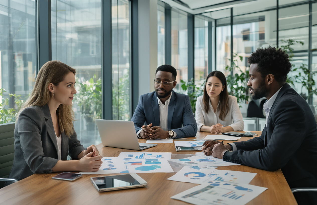 Create a realistic image of a modern conference room with a diverse group of professionals including a white female marketing executive, a black male content creator, and an Asian female brand manager sitting around a sleek wooden table with laptops, tablets, and collaboration charts spread across the surface, natural lighting streaming through large windows, contemporary office setting with glass walls, the atmosphere showing productive business discussion and strategic planning, absolutely NO text should be in the scene.