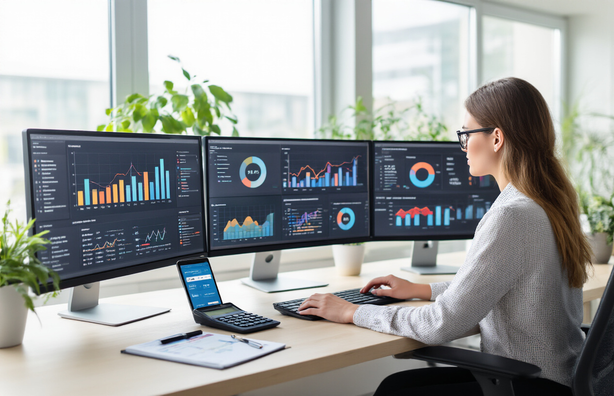 Create a realistic image of a modern office workspace with a white female marketing professional analyzing campaign performance metrics on multiple computer monitors displaying colorful graphs, charts, and ROI statistics, with a smartphone showing social media engagement metrics on the desk, a calculator and notepad nearby, bright natural lighting from large windows, clean minimalist background with plants, conveying a focused and successful business atmosphere, absolutely NO text should be in the scene.