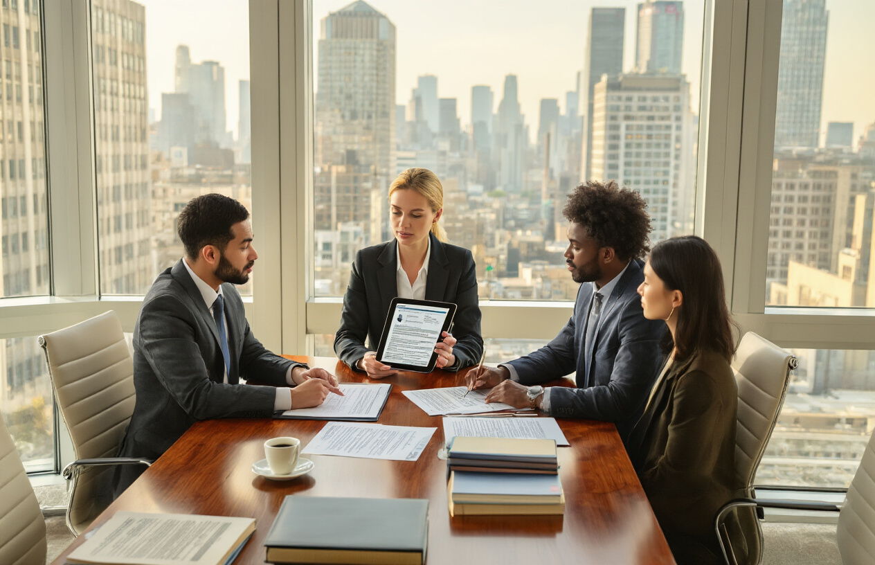 Create a realistic image of a diverse group of business professionals sitting around a modern conference table reviewing legal documents and contracts, with a white female lawyer in a business suit pointing to a tablet displaying compliance guidelines, a black male marketing executive taking notes, and an Asian female influencer looking thoughtfully at paperwork, set in a bright corporate boardroom with floor-to-ceiling windows showing a city skyline, warm natural lighting creating a serious yet collaborative atmosphere, with scattered legal books, laptops, and coffee cups on the polished wooden table, absolutely NO text should be in the scene.
