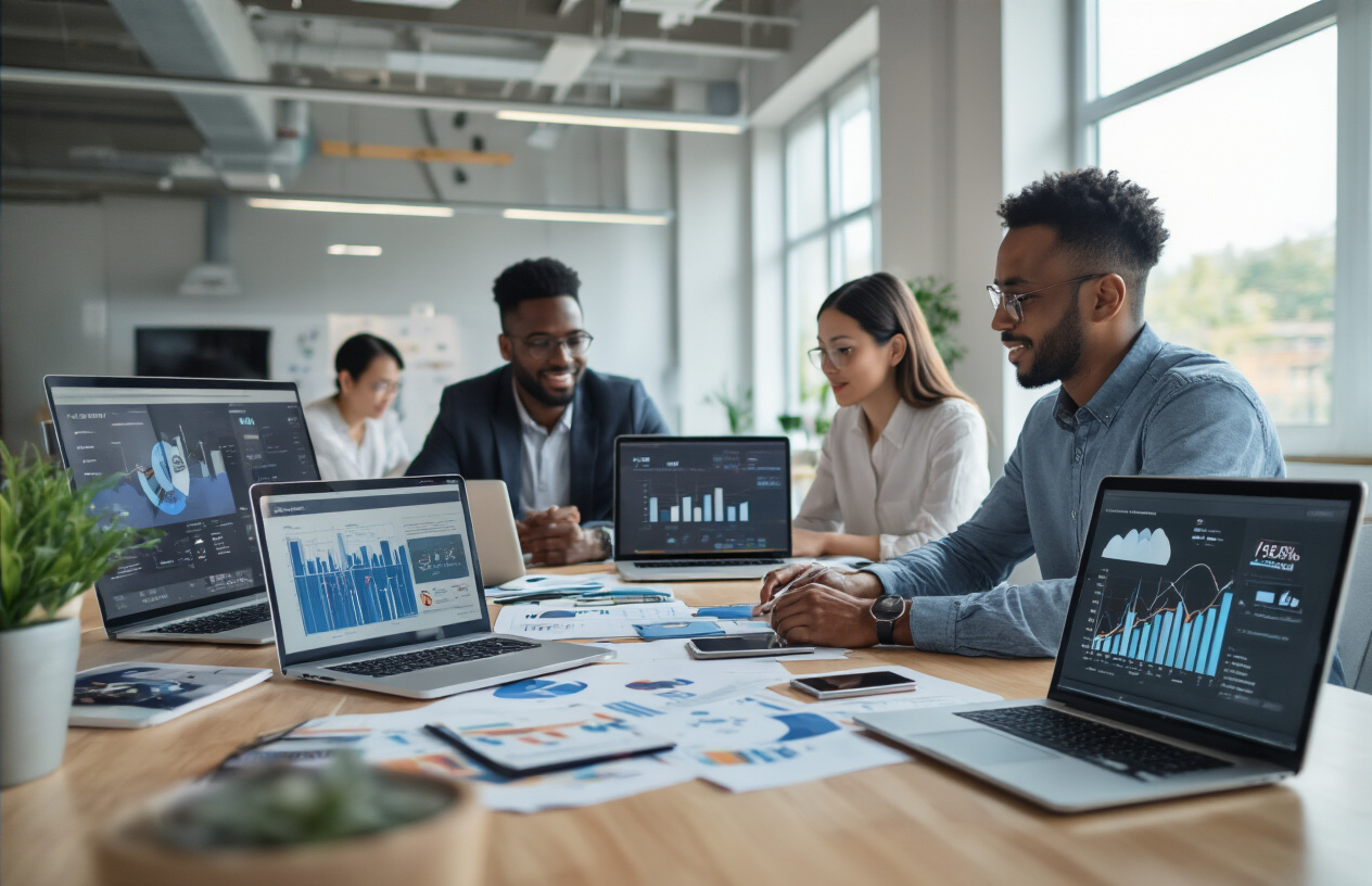 Create a realistic image of a diverse group of people collaborating around a modern conference table with laptops and smartphones displaying social media analytics dashboards, charts showing upward growth trends, and marketing materials scattered across the surface, set in a bright contemporary office space with large windows and natural lighting, conveying a successful and professional atmosphere of digital marketing achievement, with a white female marketing manager, a black male content creator, and an Asian female data analyst working together, absolutely NO text should be in the scene.